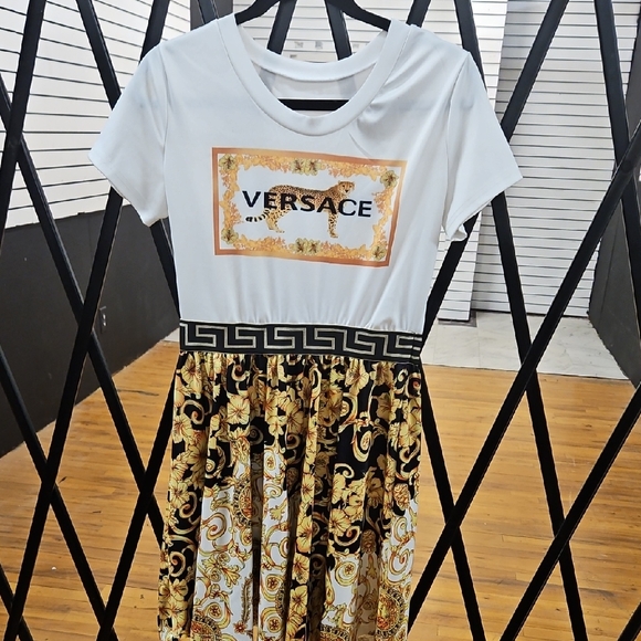 No Label Dresses & Skirts - White and Gold Baroque Print Casual Dress with Logo Panel